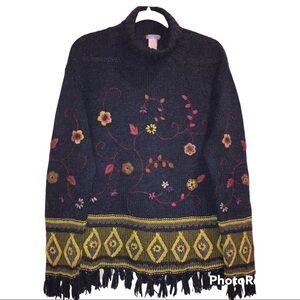 ZSA ZSA Knit Floral Embroidered Fringe Sweater Wool Blend Large